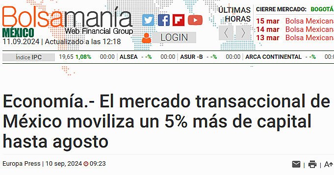 Economa.- El mercado transaccional de Mxico moviliza un 5% ms de capital hasta agosto